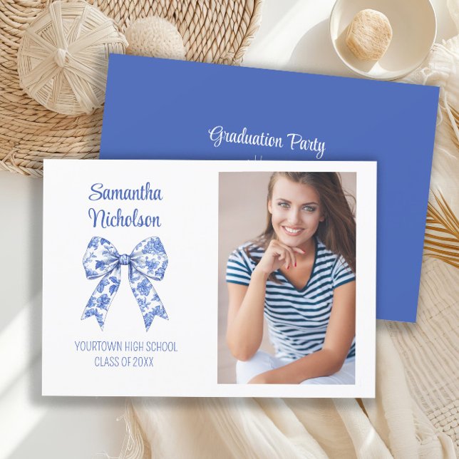 Blue White Bow Graduation Party Photo Invitation (Blue bow graduation party photo invitation)