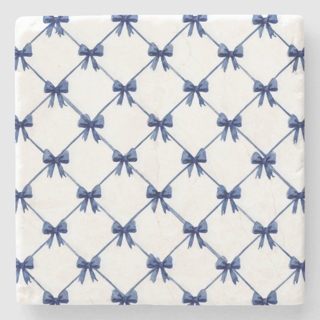 Blue White Bows Christmas Stone Coaster (Front)