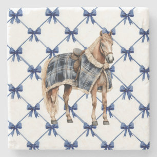 Blue White Bows Horse Christmas Stone Coaster