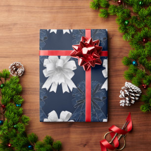 Blue White Bows Ornaments Holiday Wrapping Paper