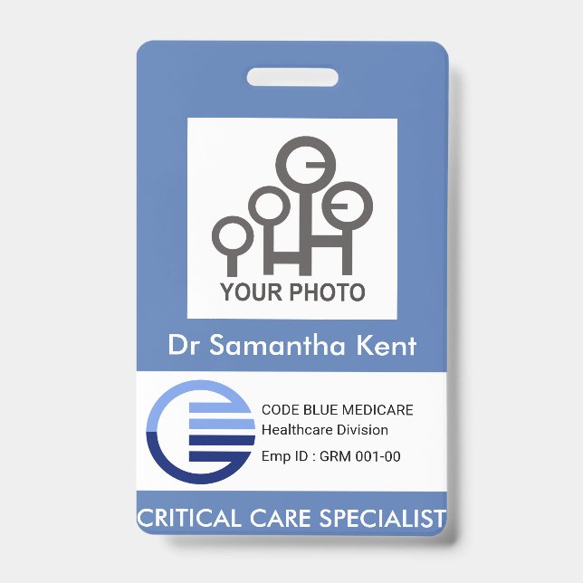 Blue White Box Photo Template Medical Staff ID Badge (Front)