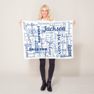 Blue & White Boy Baby's Names PatternTypography Fleece Blanket