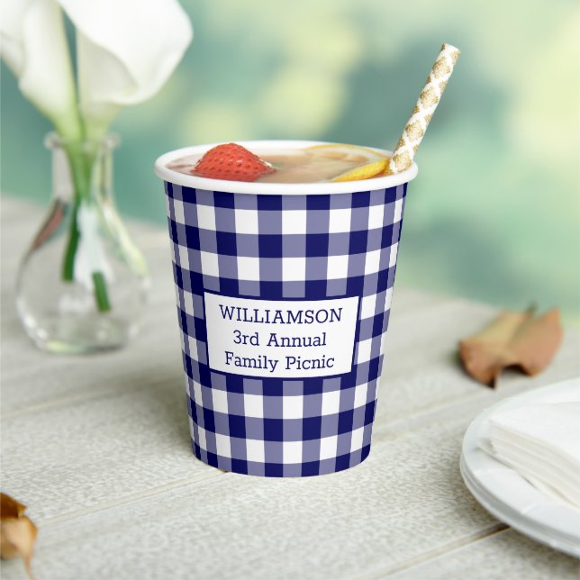 Blue White Buffalo Check Your Name Family Picnic Paper Cups (Insitu)