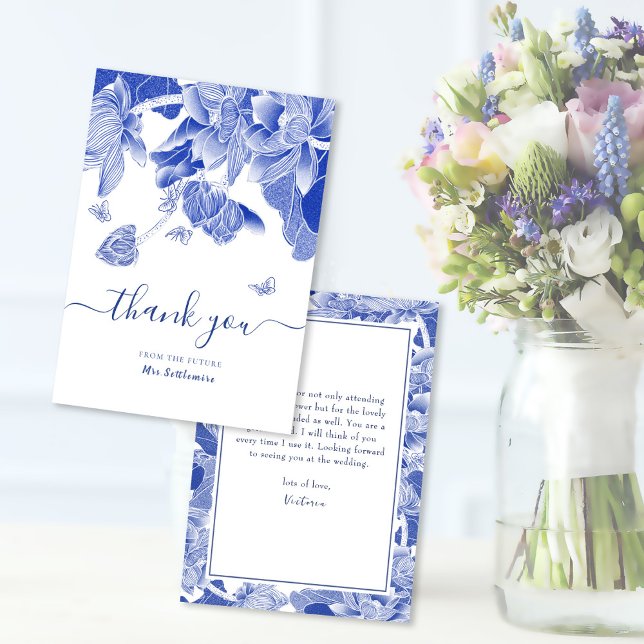 Blue & White Butterfly Flowers Bridal Shower Thank You Card (Creator Uploaded)