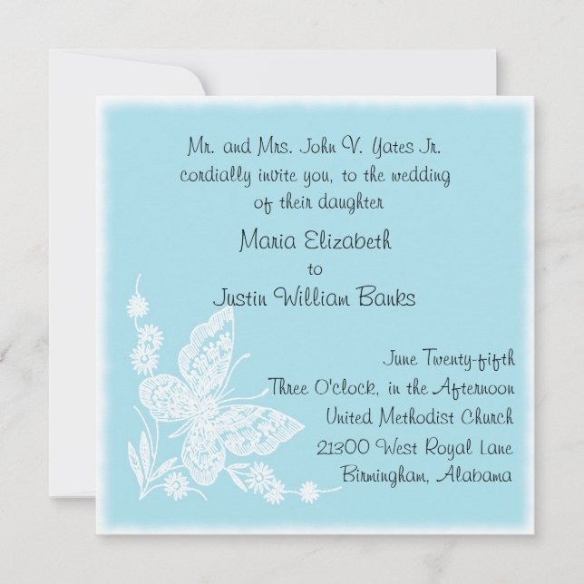 Blue & White Butterfly Square Wedding Invitation (Front)