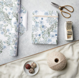 Blue White Butterfly Watercolor Floral Pattern Wrapping Paper