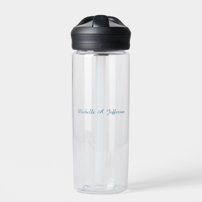 Blue & White Calligraphy Elegant Chic Modern Water Bottle (Front)