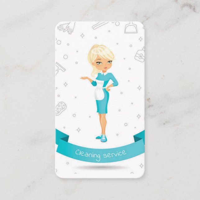  Blue & White Cartoon Maid House Cleaning Service Business Card (Front)