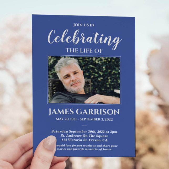 Blue White Celebration of Life Photo Memorial Invitation (Creator Uploaded)
