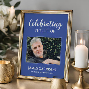 Blue White Celebration Of Life with Photo Funeral Poster