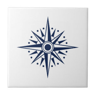 Blue & White Ceramic Tile, Nautical Star, Compass Tile