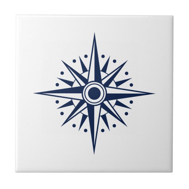 Blue & White Ceramic Tile, Nautical Star, Compass Tile (Front)