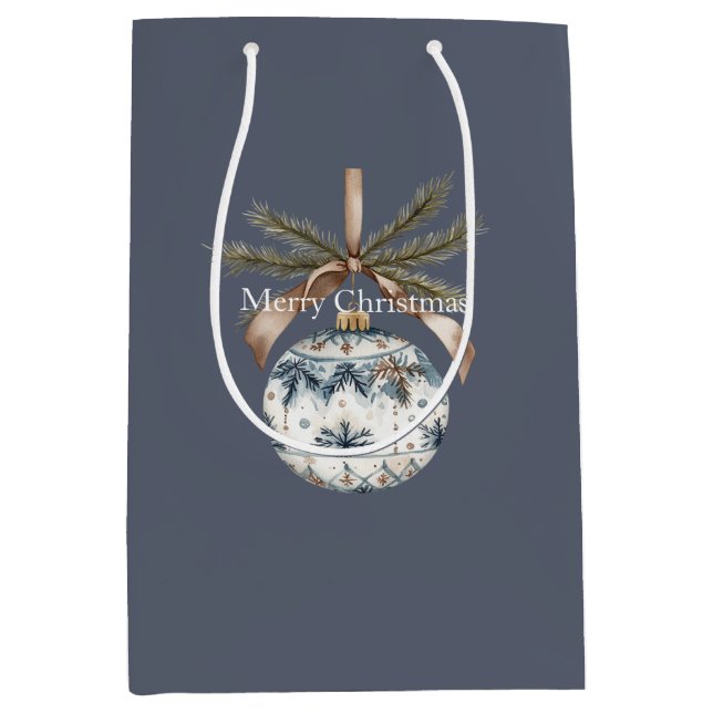 Blue White Champagne Gold Ornaments Christmas Medium Gift Bag (Front)