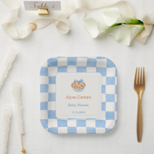 Blue & White Checkerboard Cutie Pie Baby Shower Paper Plate