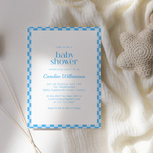 Blue White Chequerboard Retro Boy Baby Shower Invitation