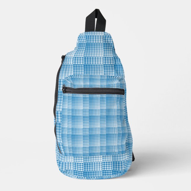 Blue White Chequered Abstract Pattern Sling Bag (Front)