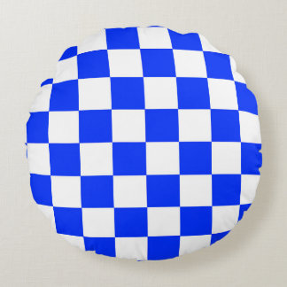 Blue White Chequered Check Pattern Round Cushion