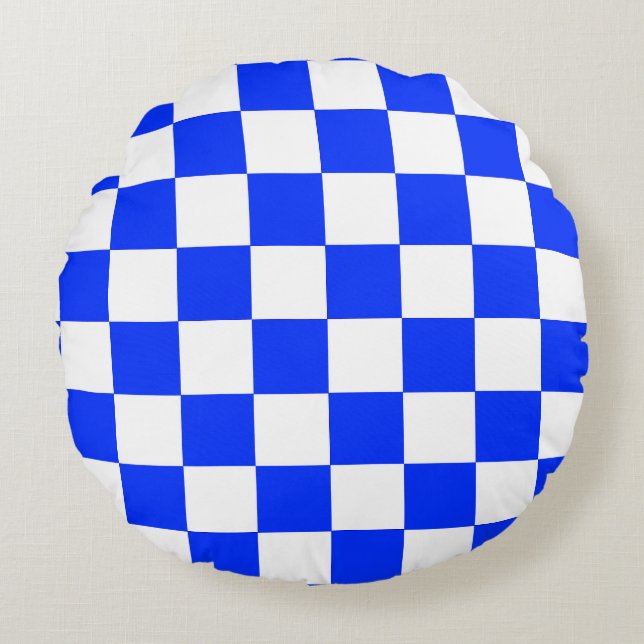 Blue White Chequered Check Pattern Round Cushion (Front)