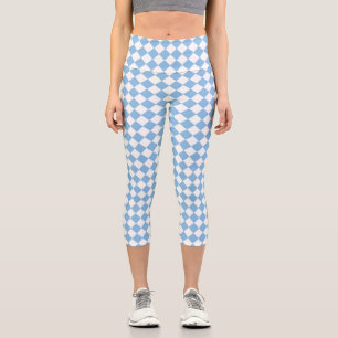 Blue White Chequered Diamond Pattern Capri Leggings