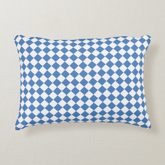 Blue White Chequered Diamond Pattern Decorative Cushion (Front)