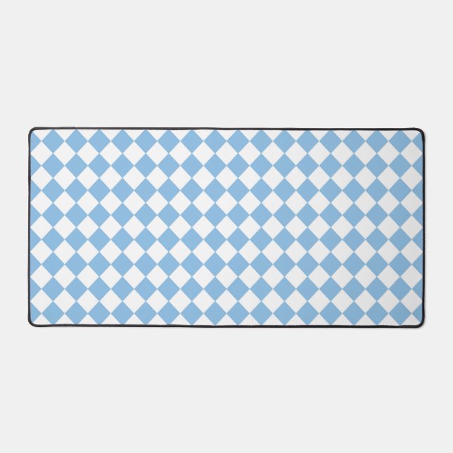 Blue White Chequered Diamond Pattern Desk Mat (Front)