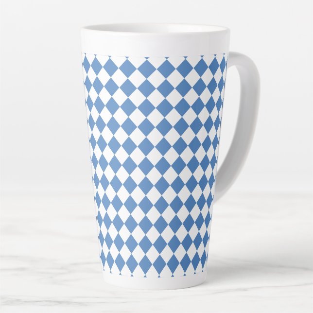Blue White Chequered Diamond Pattern Latte Mug (Right Angle)