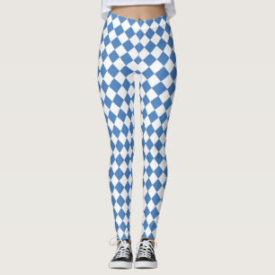 Blue White Chequered Diamond Pattern Leggings
