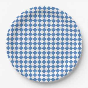 Blue White Chequered Diamond Pattern Paper Plate