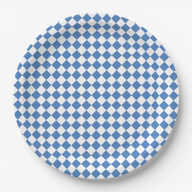 Blue White Chequered Diamond Pattern Paper Plate (Front)
