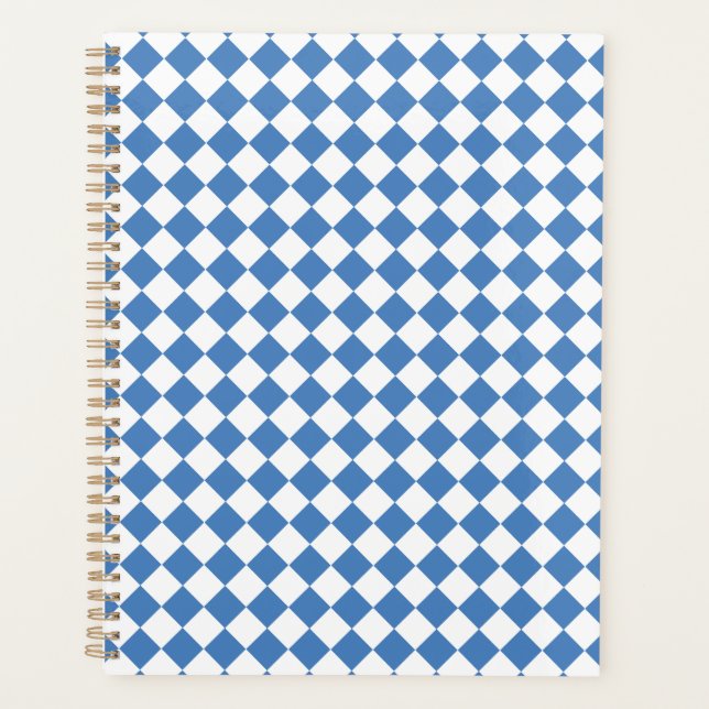 Blue White Chequered Diamond Pattern Planner (Front)