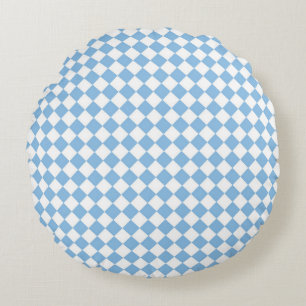Blue White Chequered Diamond Pattern Round Cushion