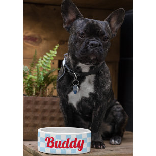 Blue White Chequered Dog Puppy Cat Name Retro Food Bowl