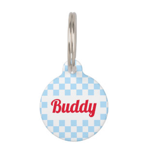 Blue White Chequered Dog Puppy Cat Name Retro Pet Tag