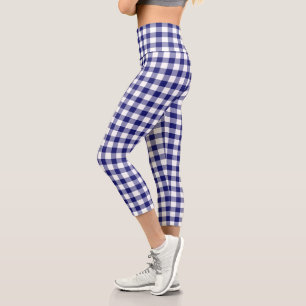 Blue White Chequered Gingham Plaid Pattern Capri Leggings