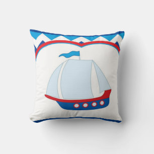 Blue White Chevron Background Blue Red Sail Ship Cushion