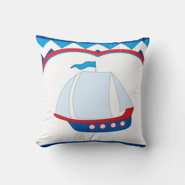 Blue White Chevron Background Blue Red Sail Ship   Cushion (Front)