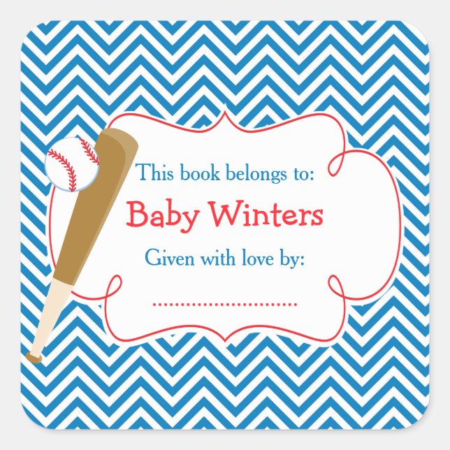 Blue/White Chevron Baseball Baby Shower Bookplate Square Sticker (Front)