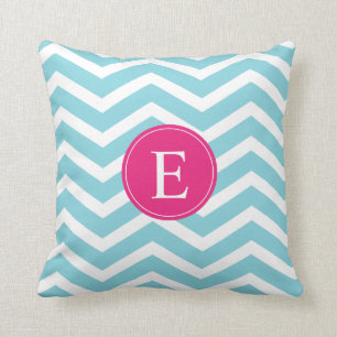 Blue White Chevron Bright Pink Monogram Cushion
