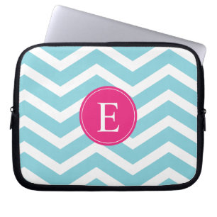 Blue White Chevron Bright Pink Monogram Laptop Sleeve