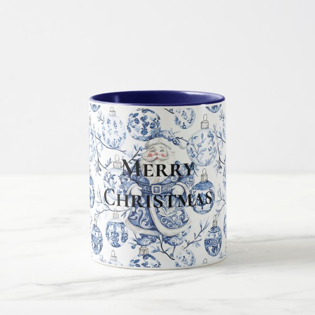 Blue White Chic Christmas Santa & Ornaments Mug (Center)