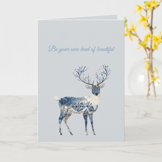 Blue White Chic Deer Birthday Card (Yellow Flower)