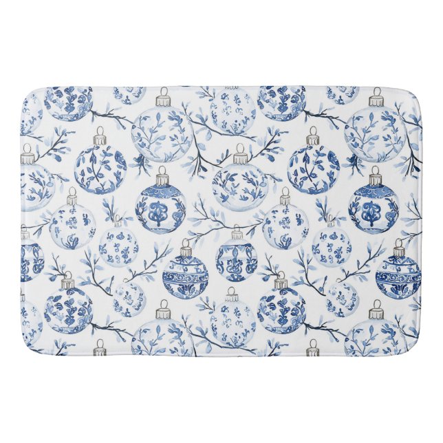 Blue White Chic Floral Christmas Ornaments   Bath Mat (Front)
