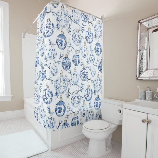 Blue White Chic Floral Christmas Ornaments   Shower Curtain (In Situ)