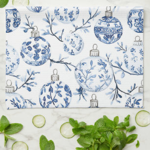 Blue White Chic Floral Christmas Ornaments Tea Towel