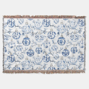 Blue White Chic Floral Christmas Ornaments Throw Blanket