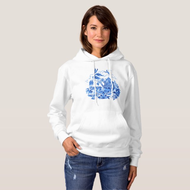 Blue & White China Blue Willow Design Hoodie (Front Full)