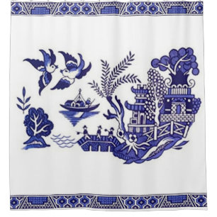 Blue & White China Blue Willow Design Shower Curtain