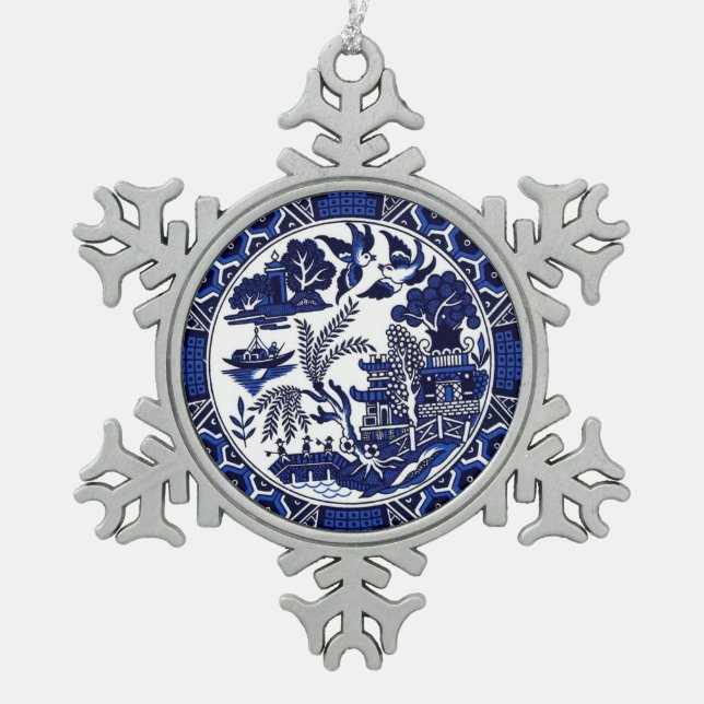 Blue & White China Blue Willow Design Snowflake Pewter Christmas Ornament (Front)