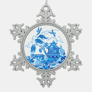 Blue & White China Blue Willow Design Snowflake Pewter Christmas Ornament