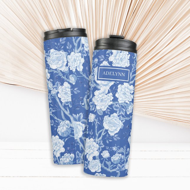 Blue White Chinoiserie Bird Floral Garden Monogram Thermal Tumbler (Creator Uploaded)